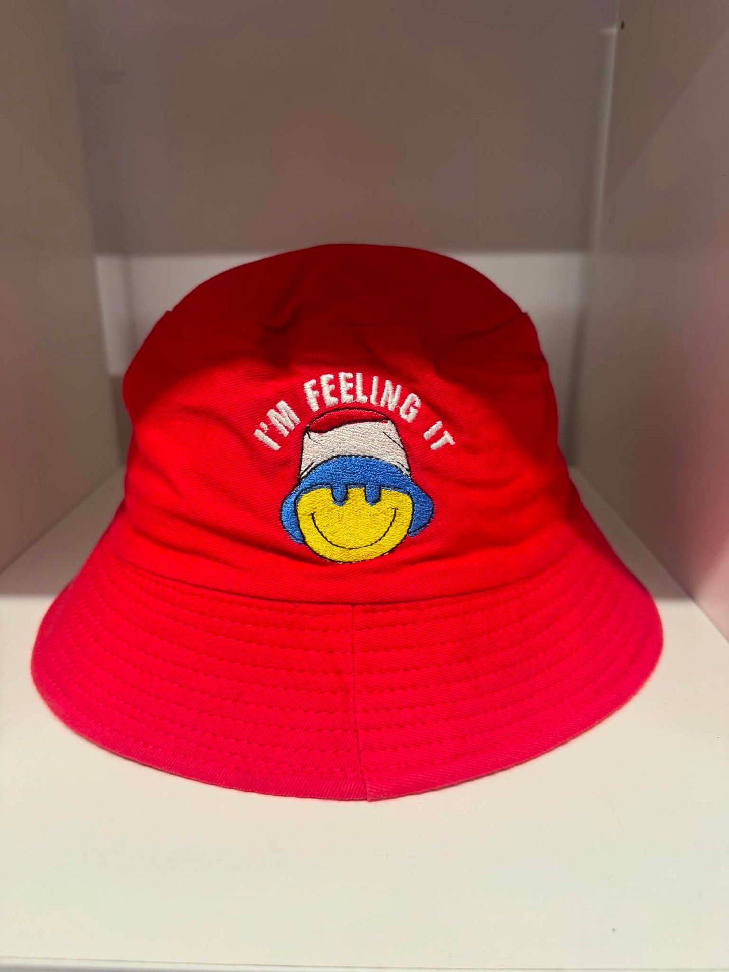 Red Im Feeling It smiley face bucket hat | Festival hats Belfast NI