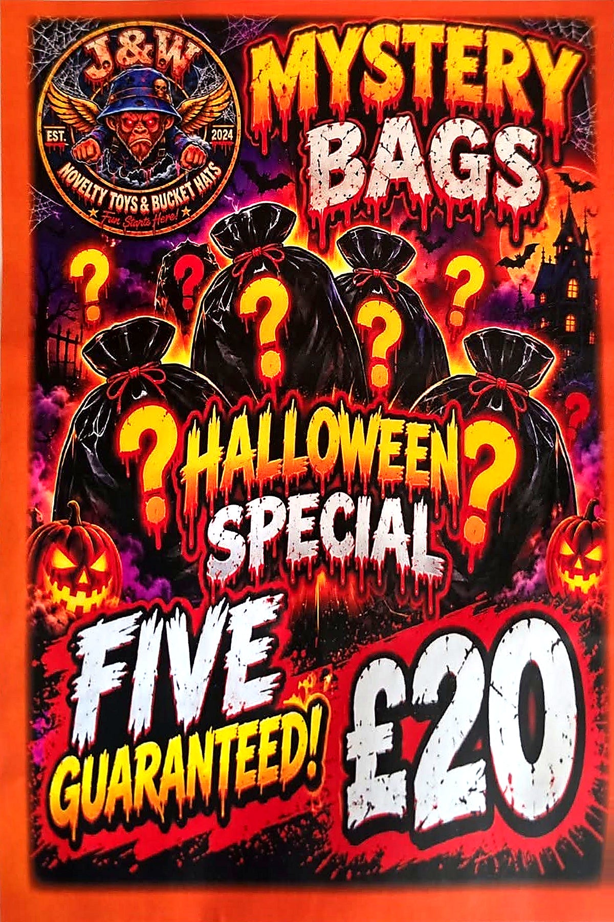 J&W Halloween Mystery Bag poster with black surprise bags and pumpkins, advertising five items for £20.