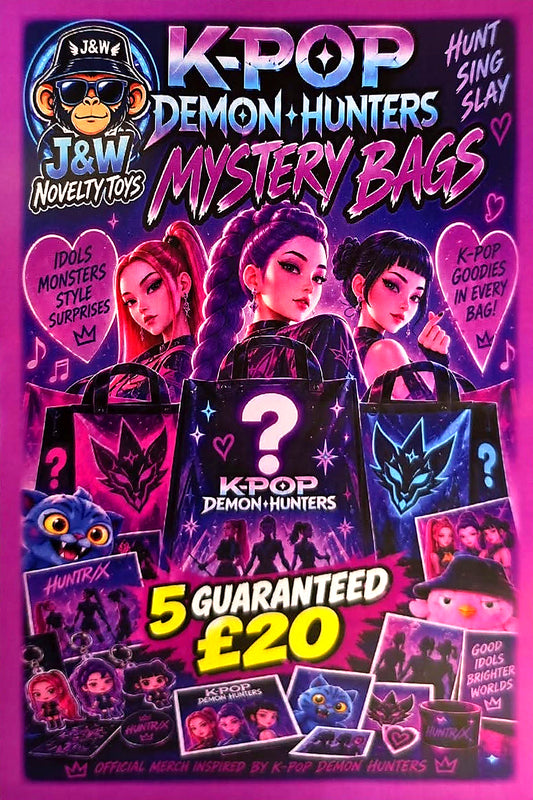 J&W KPop Demon Hunters Mystery Bag poster with characters and surprise bags, advertising five items for £20.