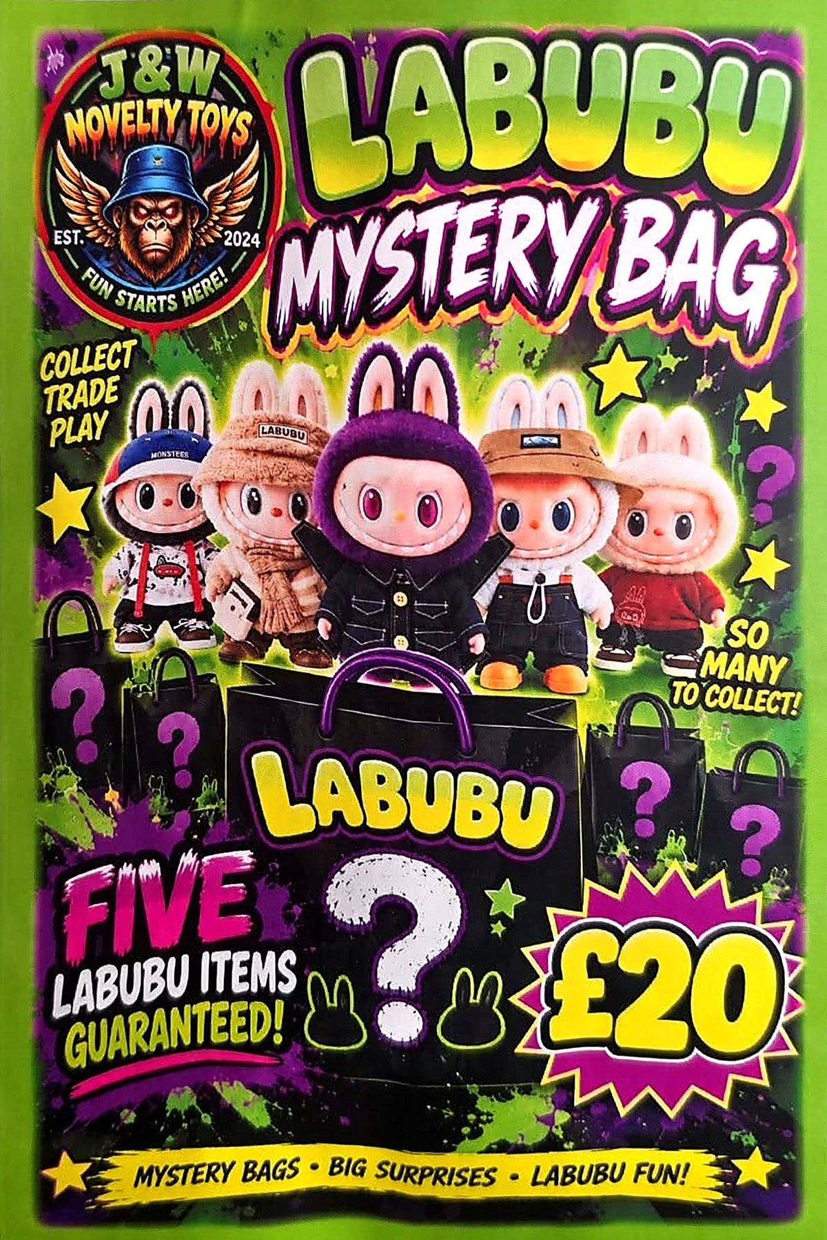 J&W Labubu Mystery Bag poster with rabbit-eared characters and surprise bags, advertising five items for £20.