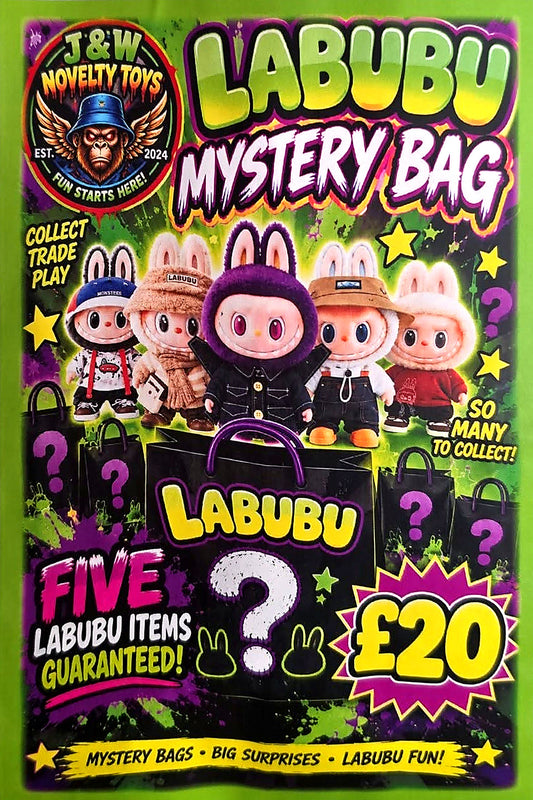 J&W Labubu Mystery Bag poster with rabbit-eared characters and surprise bags, advertising five items for £20.