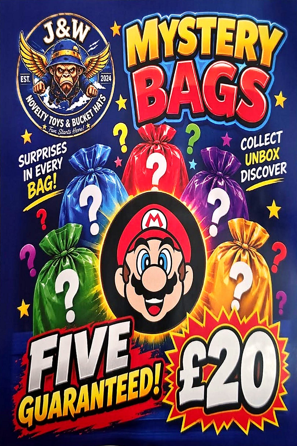 J&W Mario Mystery Bag poster with Mario and colourful surprise bags, advertising five items for £20.