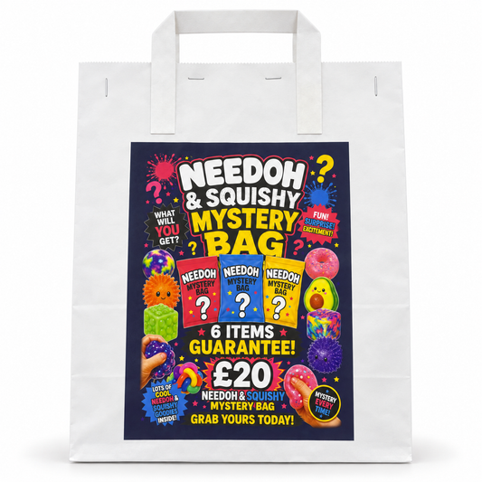White NeeDoh and Squishy Mystery Bag with a navy label showing 6 items for £20, from J&W Belfast.