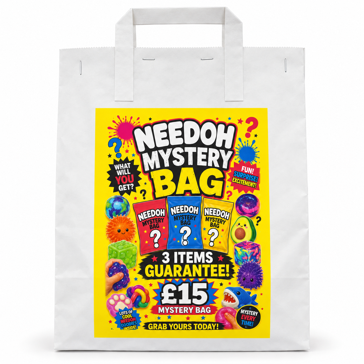 White NeeDoh Mystery Bag with a yellow label showing 3 items for £15, from J&W Belfast.