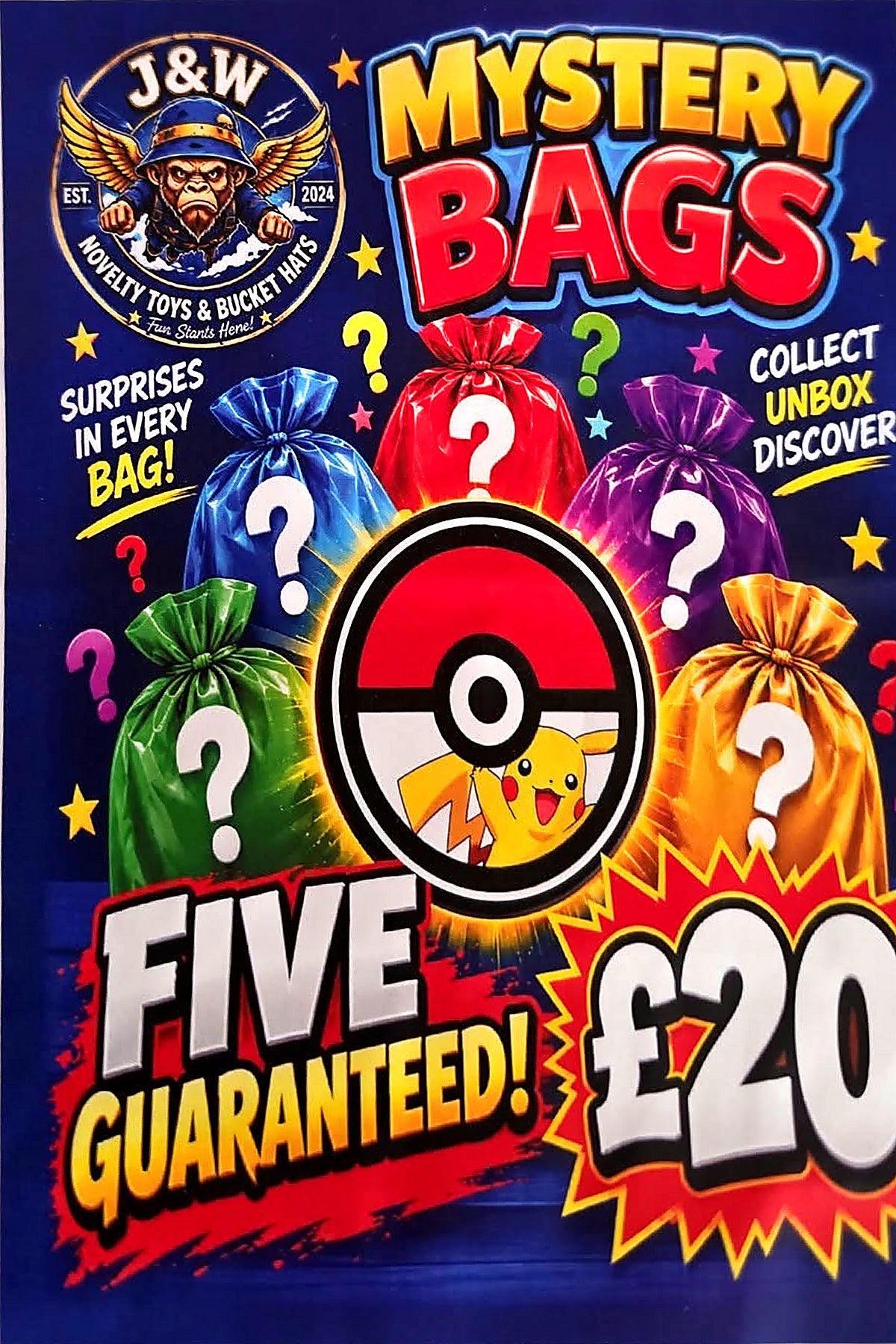 J&W Pokémon Mystery Bag poster with Pikachu, a Poké Ball and surprise bags, advertising five items for £20.