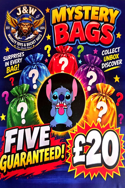 J&W Stitch Mystery Bag poster with Stitch and colourful surprise bags, advertising five items for £20.